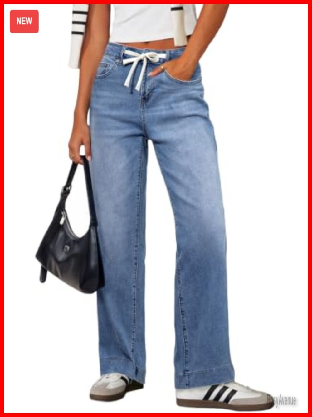 Women's High Waisted Straight Leg Jeans Drawstring Wide Leg Denim Pants